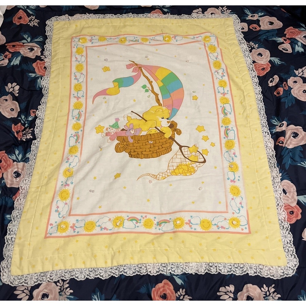 VTG 80s Care Bears Funshine Bear Quilted Nursery Blanket Yellow Lace Gingham